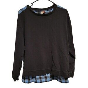 Anthropologie Pilcro Contrast Flannel Sweatshirt Size Large Black Blue Plaid